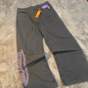 Von Dutch Mens Wide Leg Skate Pants Grey Canvas Baggy Logo Y2K New 36x31